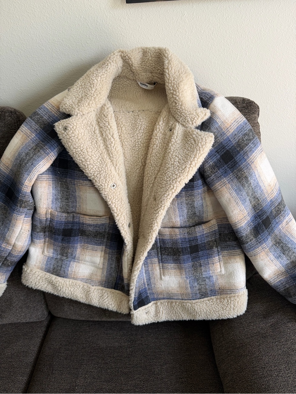 Sonoma Cream and Blue Plaid Sherpa-Lined Teddy Jacket